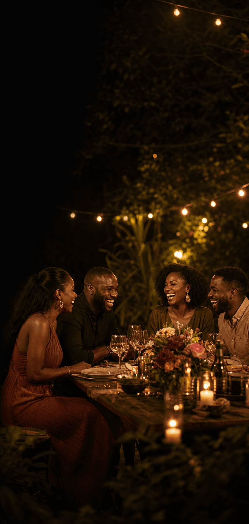 Friends sharing a joyful dinner celebration.